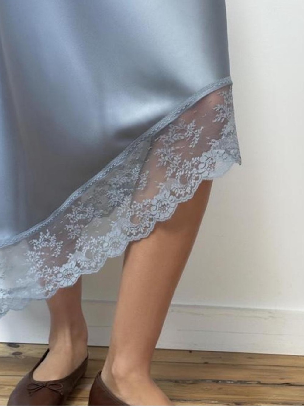 Satin Lace-Trim Slip Skirt — Dusty Blue - Picture 3 of 6